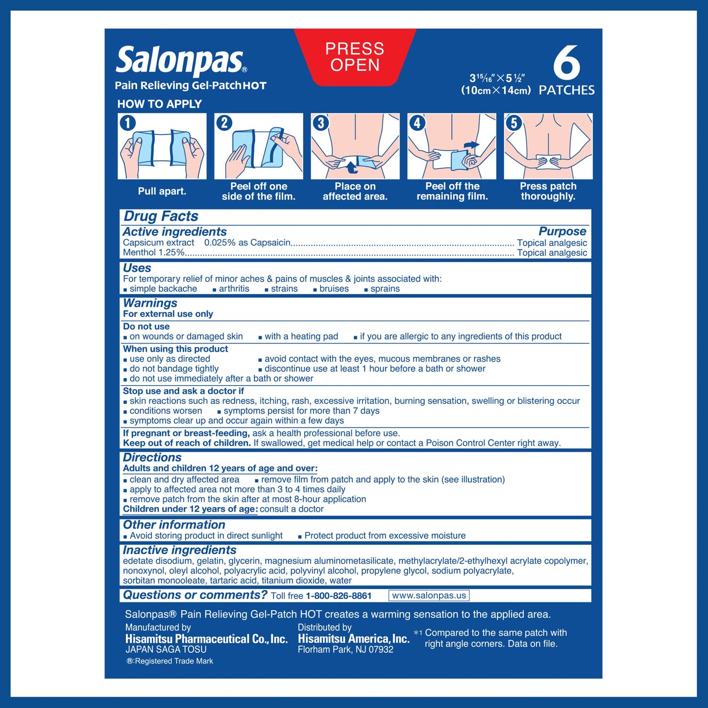 Size dimensions of the Salonpas hot gel patch showing the rounded corners designed to prevent peeling.