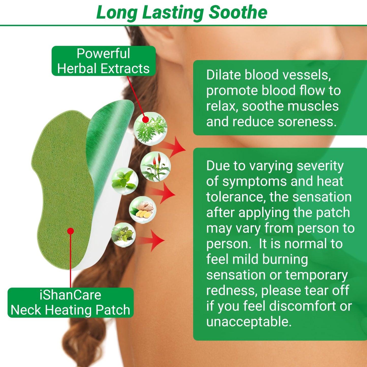 Infographic showing the eight hour long lasting deep heating benefit of the joint relief patch.