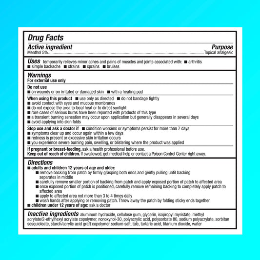 Icy Hot extra large back and large areas medicated patch box displaying five percent menthol strength