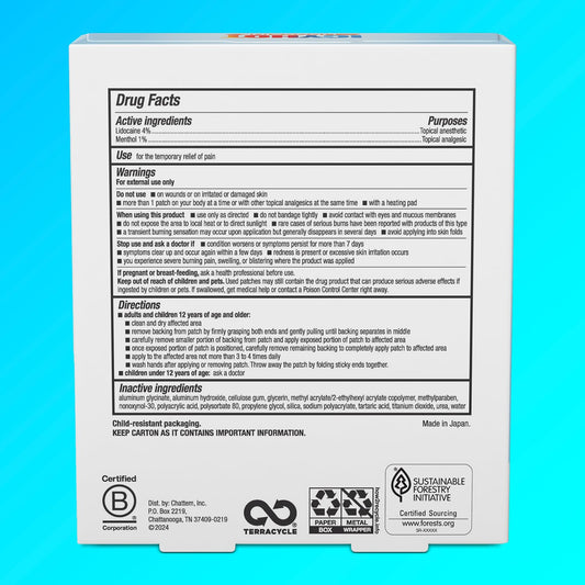 Icy Hot Lidocaine fabric pain patches box detailing four percent lidocaine active ingredient.