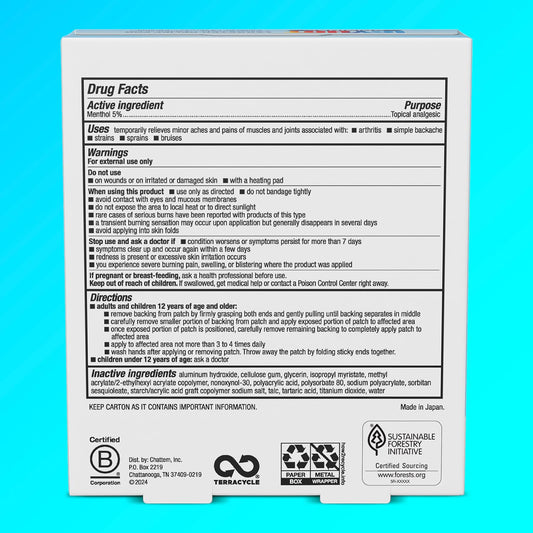 Icy Hot Original Large Pain Relief Patches side view showing box specifications