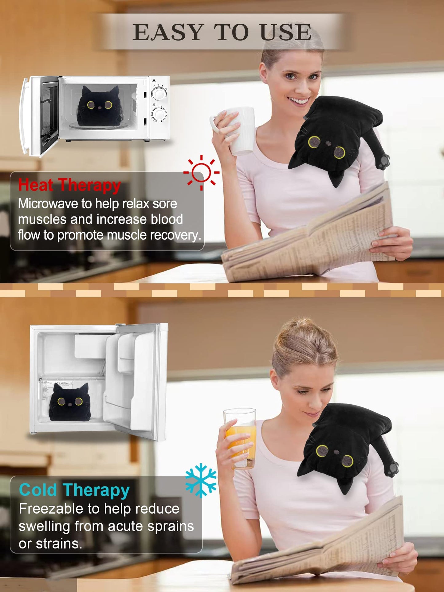 Portable black cat moist heat therapy pad laid flat on a sofa cushion