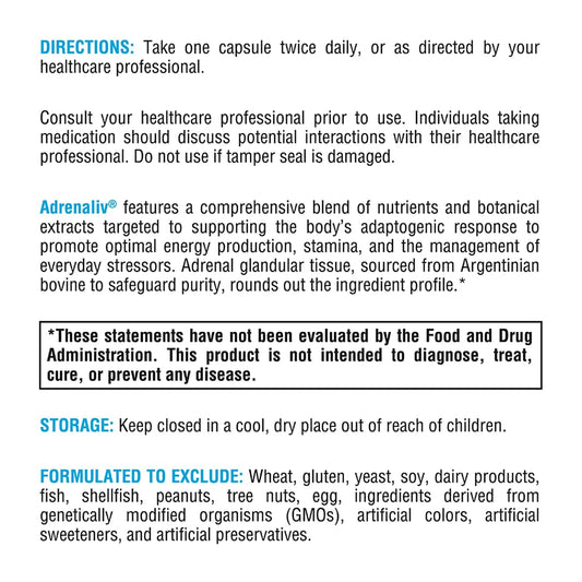 Xymogen Adrenaliv nutritional supplement bottle showing directions for use and dosage