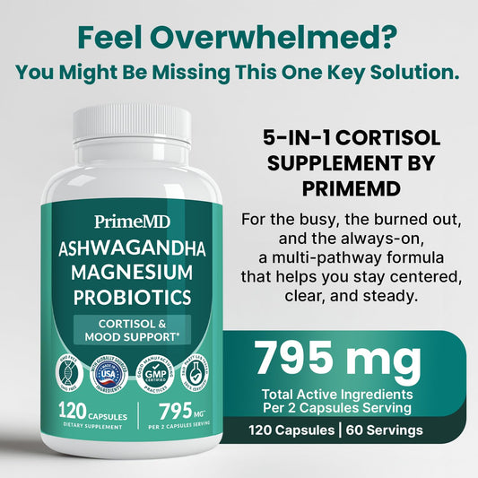 PrimeMD cortisol supplement bottle displaying the 5-in-1 formula benefits for stress and focus.