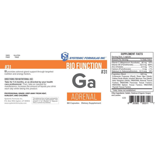 Systemic Formulas number 31 adrenal health supplement packaging showing ingredients and nutritional facts
