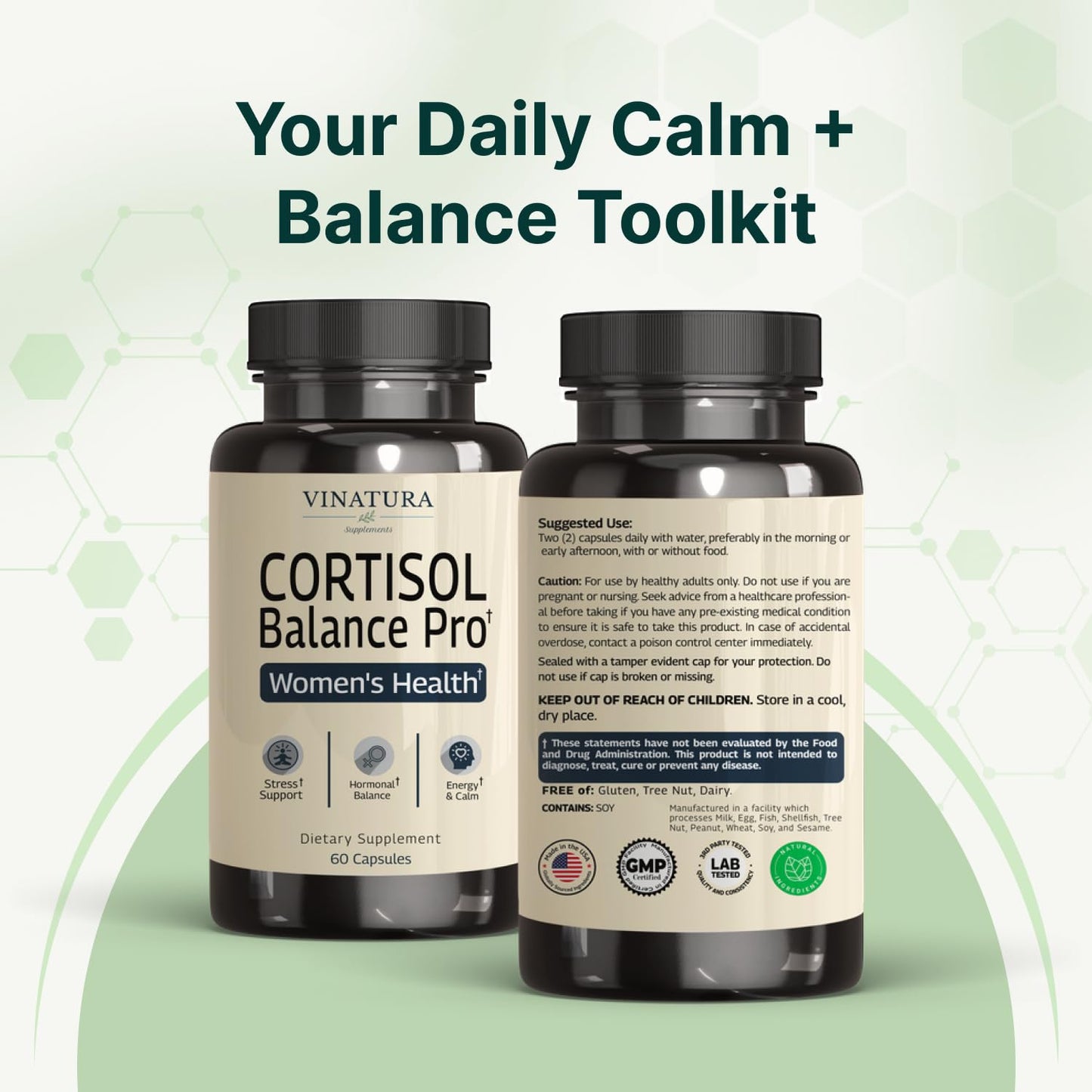 Vinatura wellness supplements showing premium glass bottle packaging for female cortisol control