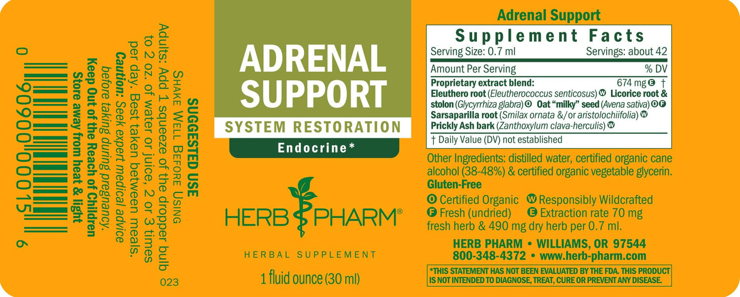 Herb Pharm Adrenal Support Tonic 30 ml bottle highlighting gluten free and non GMO verified symbols