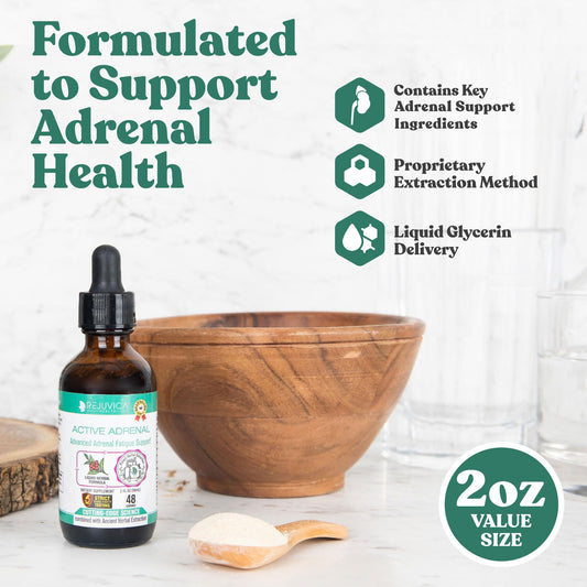 Rejuvica Health Active Adrenal liquid supplement label showing pure adaptogen ingredients