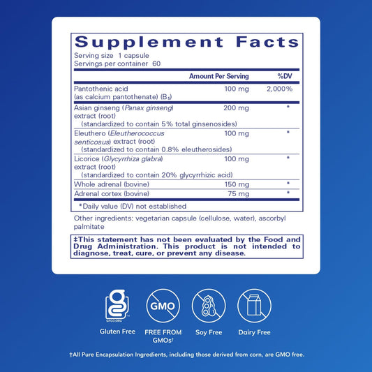 Pure Encapsulations ADR Formula supplement bottle side panel displaying detailed nutritional facts and dosage instructions