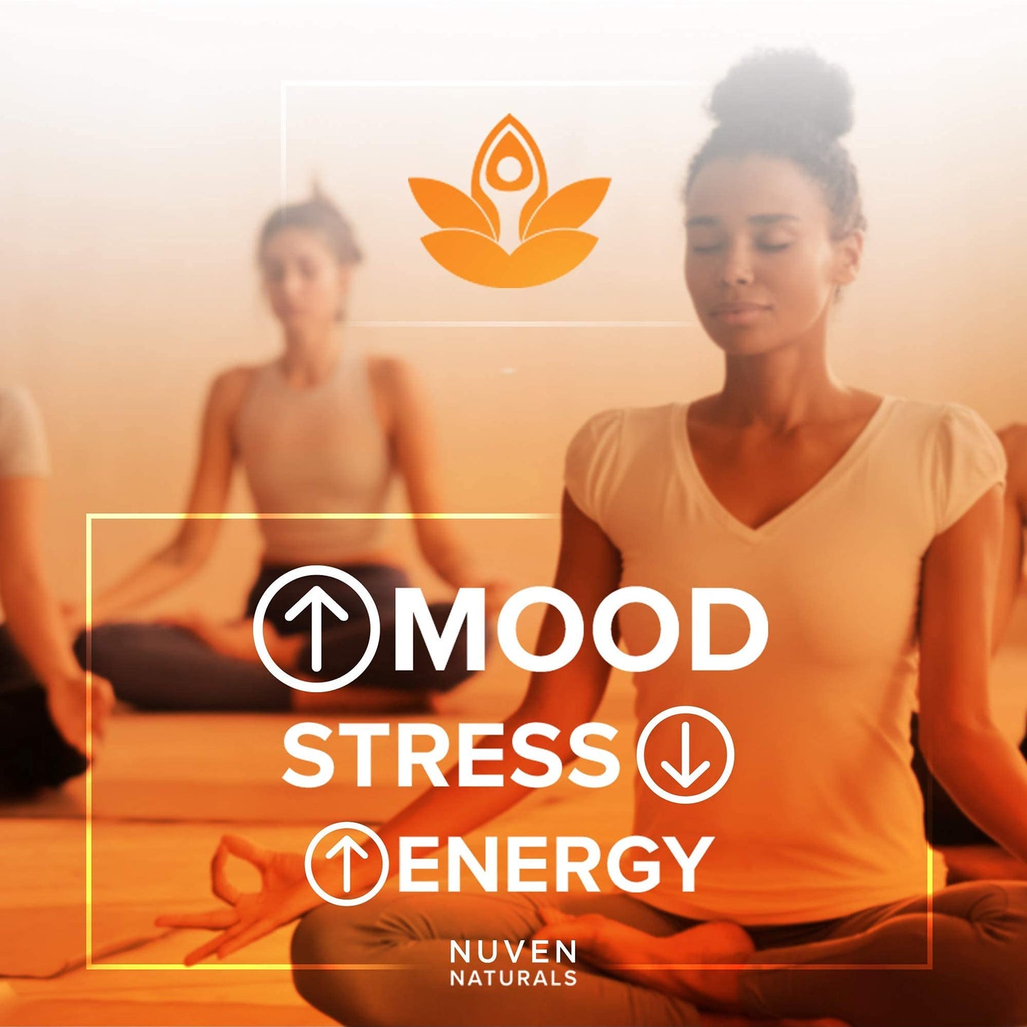Nuven Naturals stress relief capsules top angle view highlighting clean non-GMO formula.