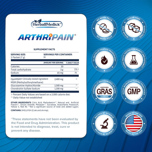 Arthripain joint juice sachets showing orange flavor labeling