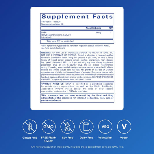 Pure Encapsulations DHEA 10 mg micronized adrenal support supplement capsule count details
