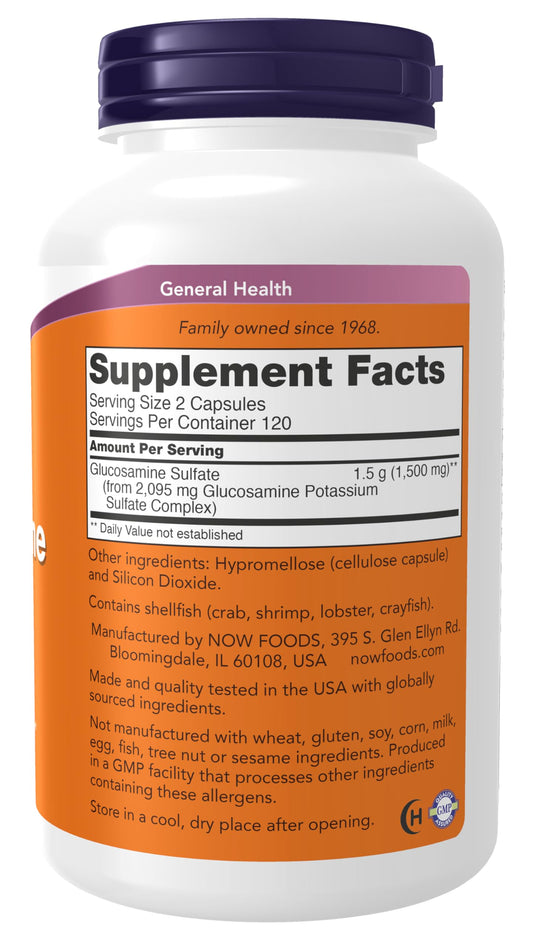 Side label of NOW Foods Glucosamine Sulfate showing supplement facts and shellfish allergen information