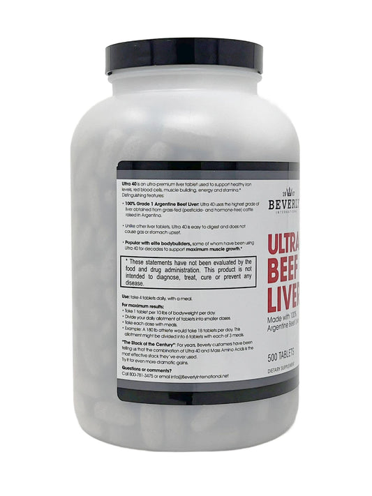Beverly International Ultra 40 Grass Fed Desiccated Beef Liver supplement facts and ingredients panel