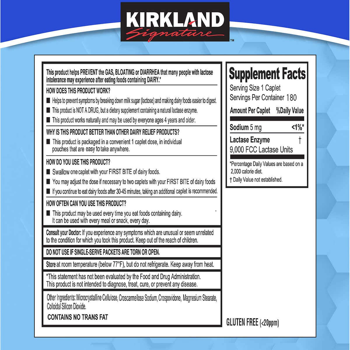 Authentic Kirkland Signature fast acting lactase enzyme caplets for preventing dairy bloating and gas