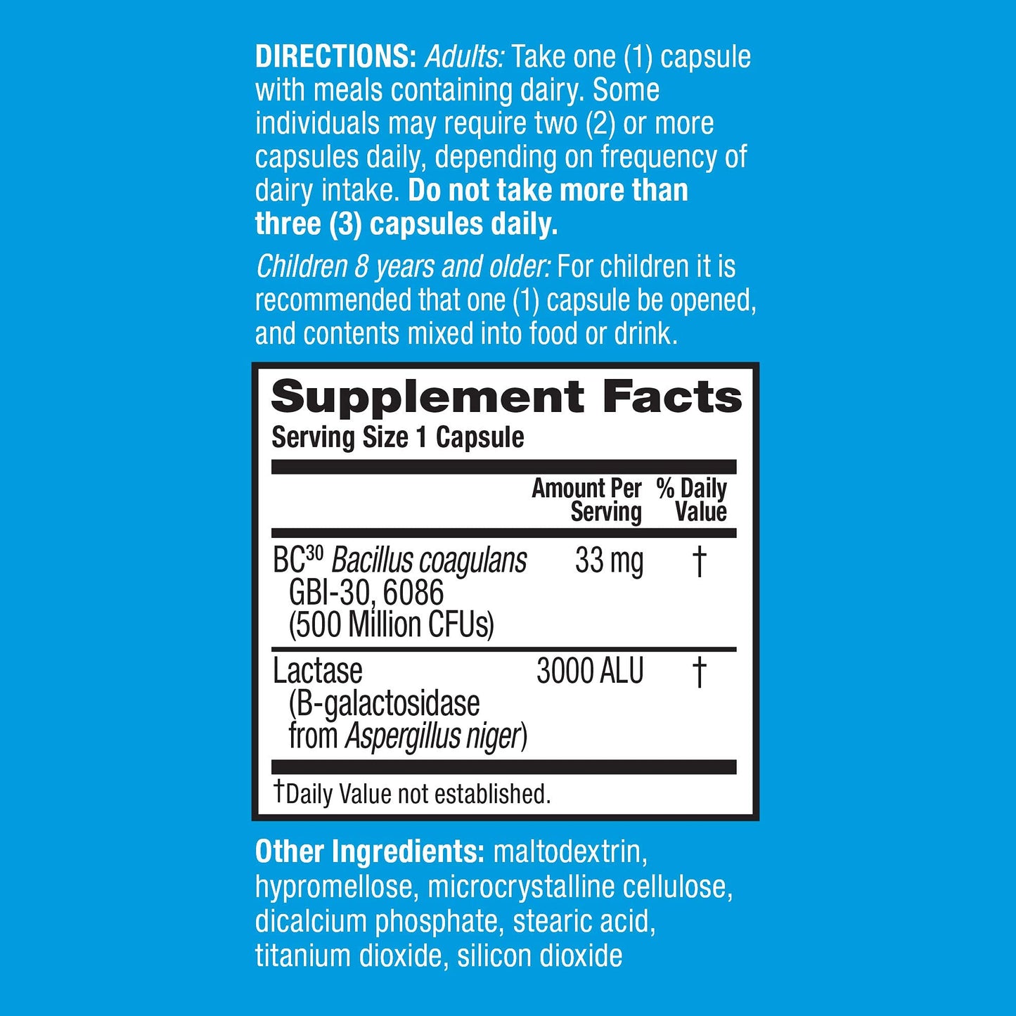 Schiff Digestive Advantage Lactose Defense side label showing ingredients and directions for use