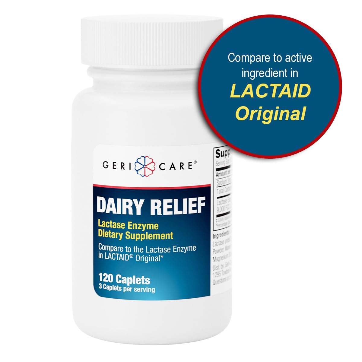 GeriCare Dairy Relief 120 caplets standing upright on a clean retail shelf setup