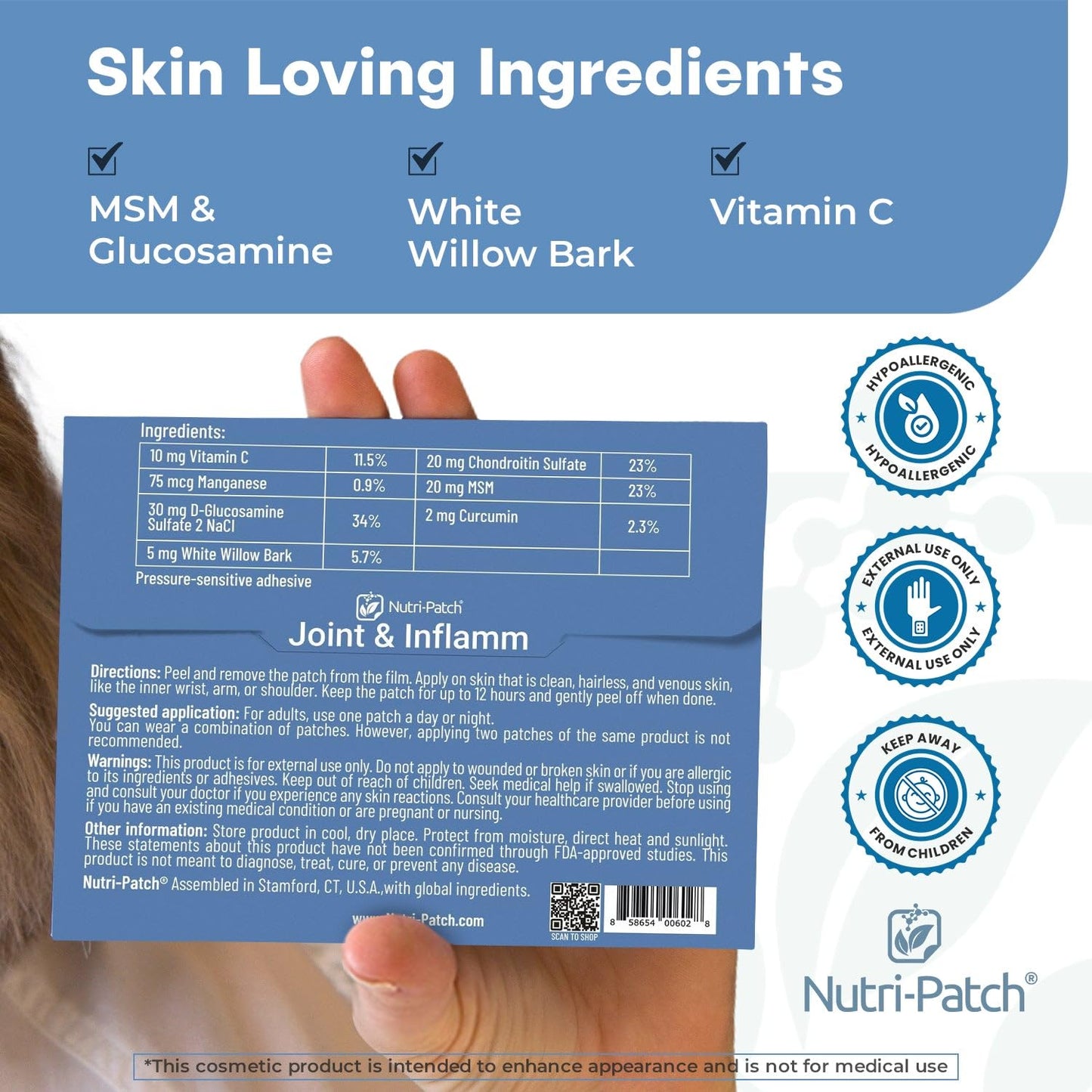 Nutri-Patch natural white willow bark and curcumin skin patch product layout displaying thirty individual patches.