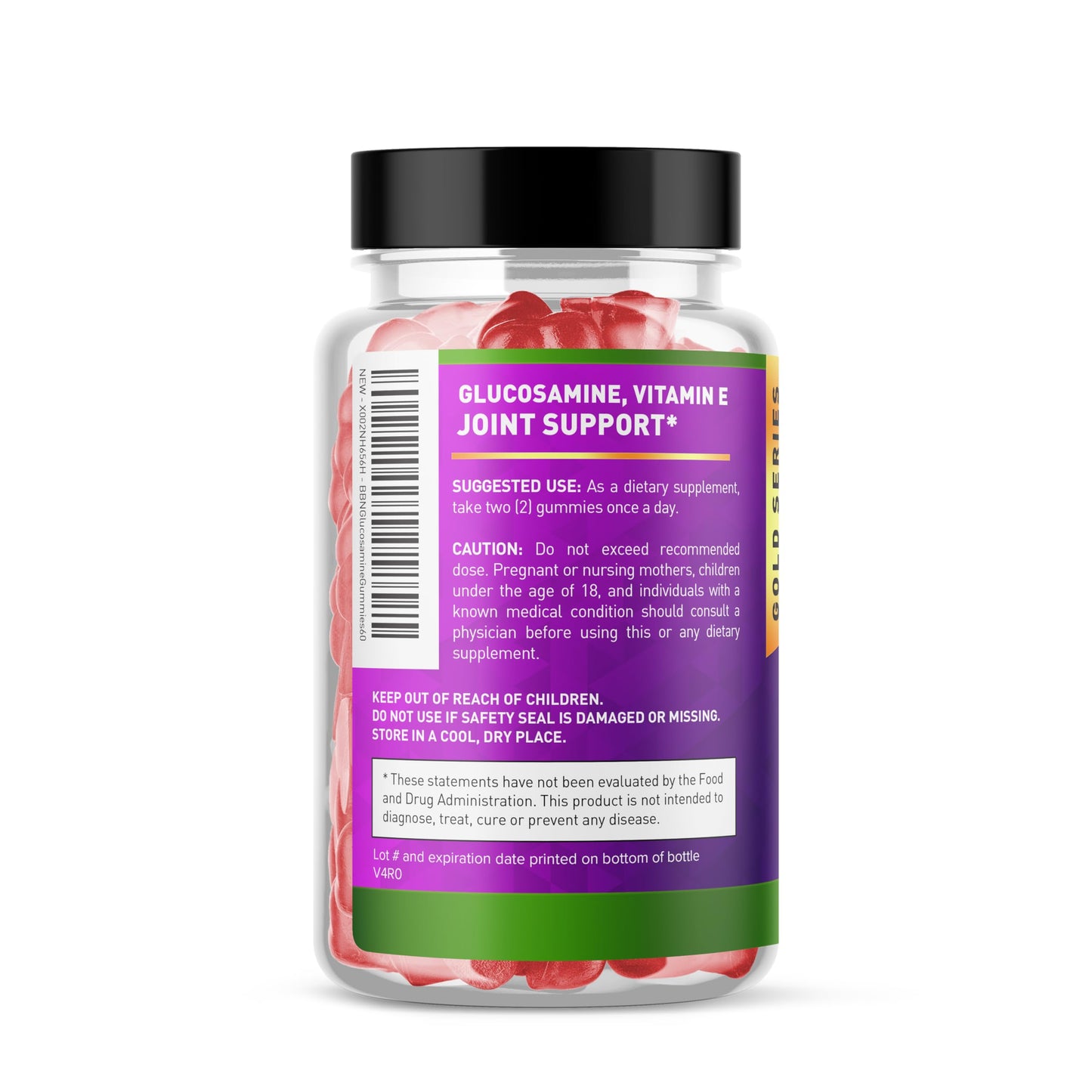 Premium USA imported glucosamine supplement bottle showcasing sixty vitamin E enriched gummies