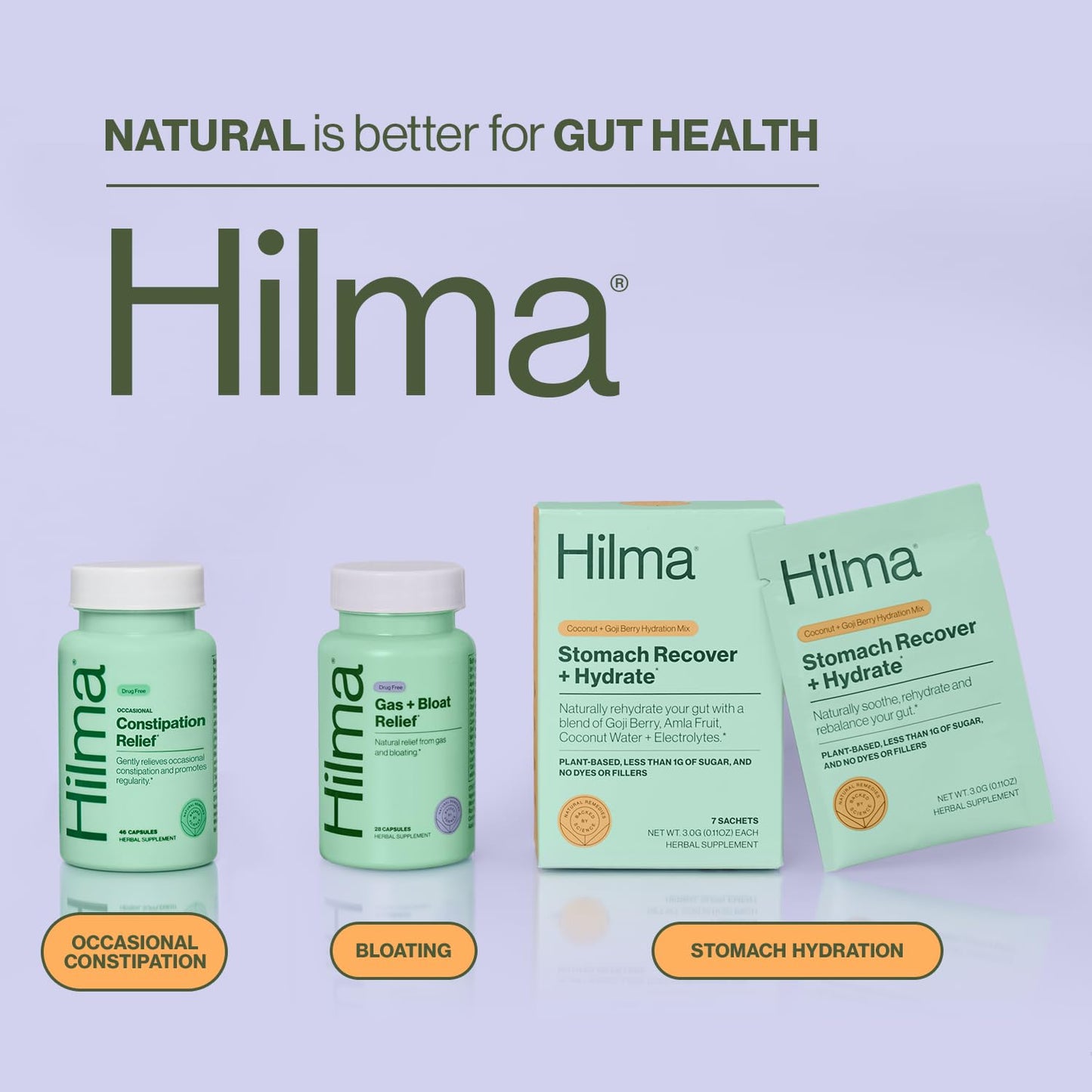 Hilma Gentle Bowel bottle with herbal supplement capsules