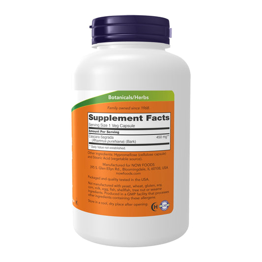 Side angle of NOW Foods Cascara Sagrada bottle showing the supplement facts and nutritional label panel.