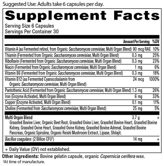 Ancient Nutrition grass fed and wild organs blend capsules nutrition facts label