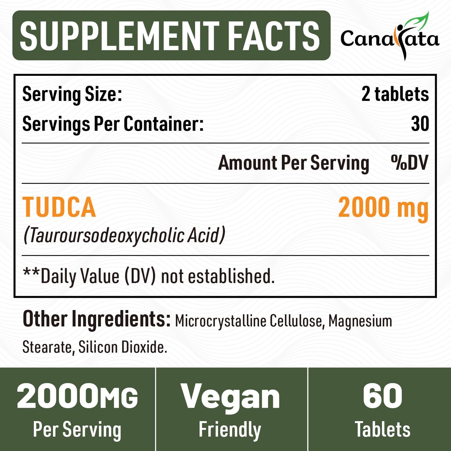 Canarata TUDCA 2000mg serving size information and premium quality manufacturing seal details