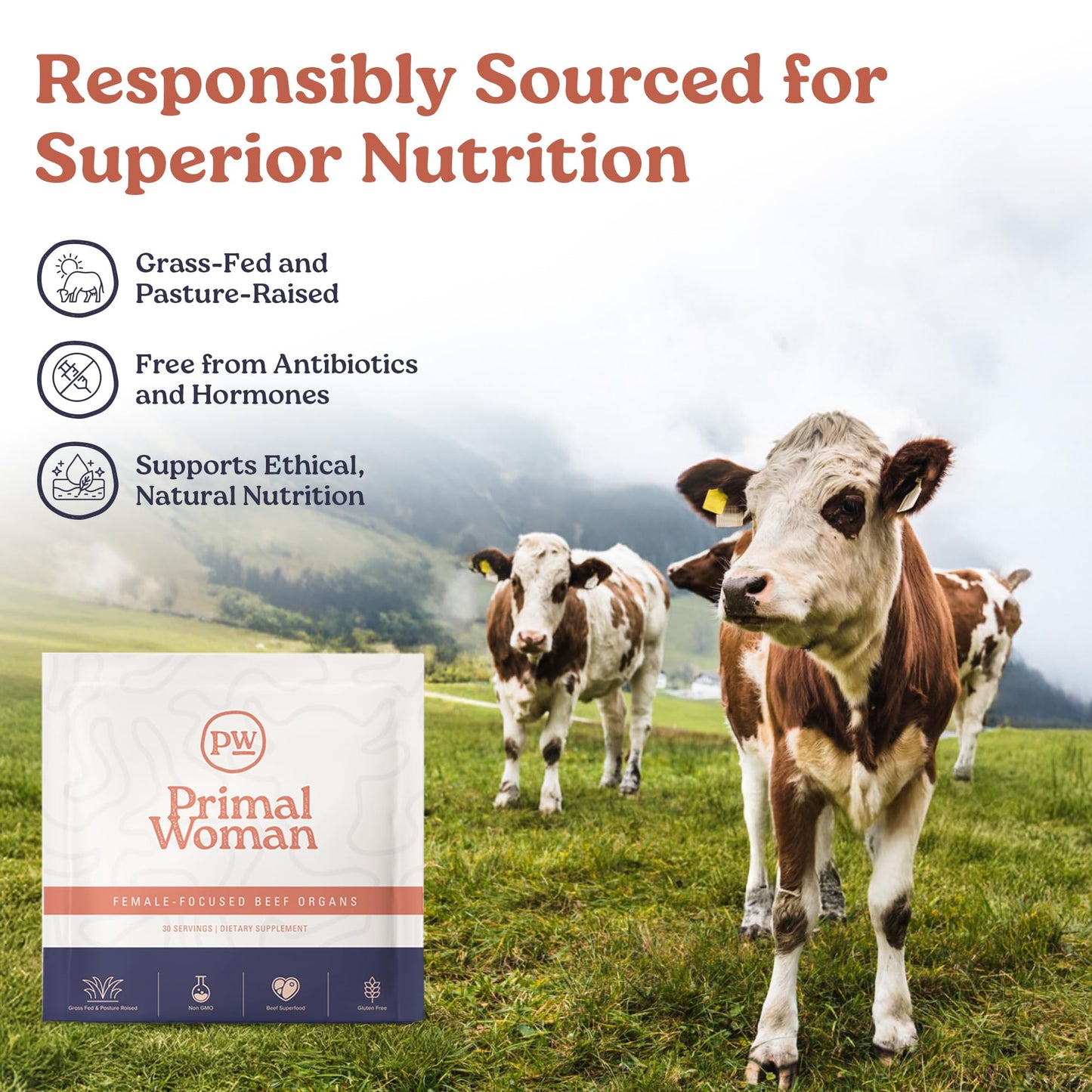 Primal Woman grass fed beef organ supplement bottle highlighting sixty capsules size