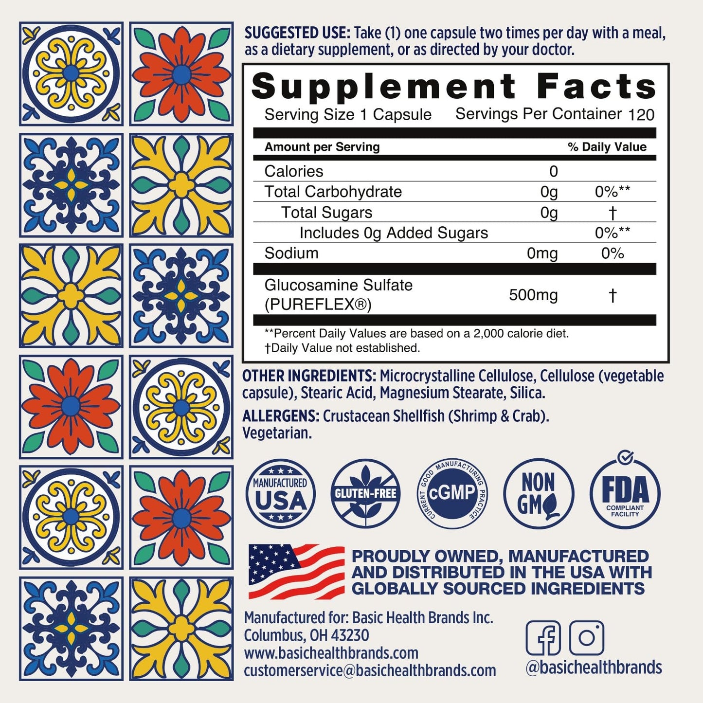 Authentic USA imported Basic Brands Pura Salud Glucosamine capsules for bone and cartilage mobility.