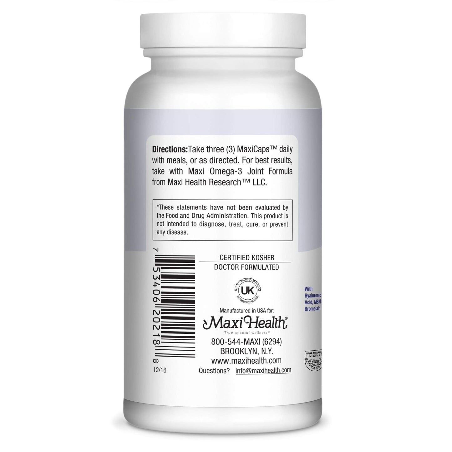 Maxi Health bone and joint support supplement 180 kosher capsules container