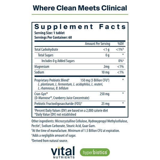 Hyperbiotics Pro Women Probiotics vegan tablets supplement facts and ingredient list label view.