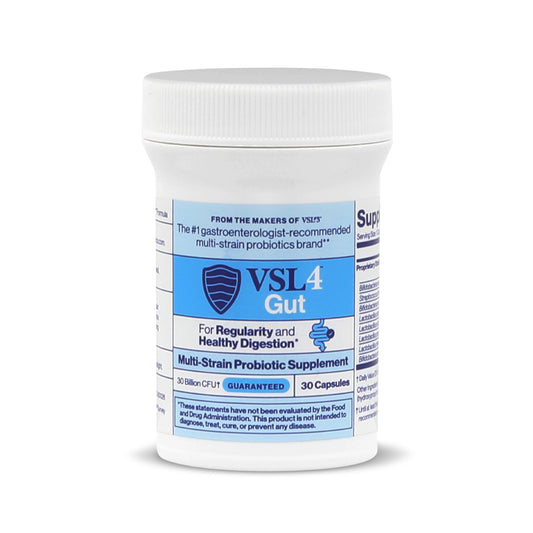VSL4 Gut 30 Billion CFU supplement bottle displaying the shelf-stable formula label.