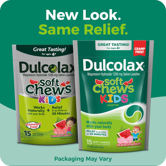 Dulcolax Kids soft chews bottle label showing 1200 mg dosage