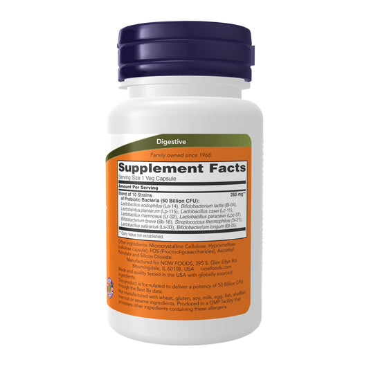 Now Foods Probiotic 10 50 Billion showing supplement facts and ten clinically validated strains.