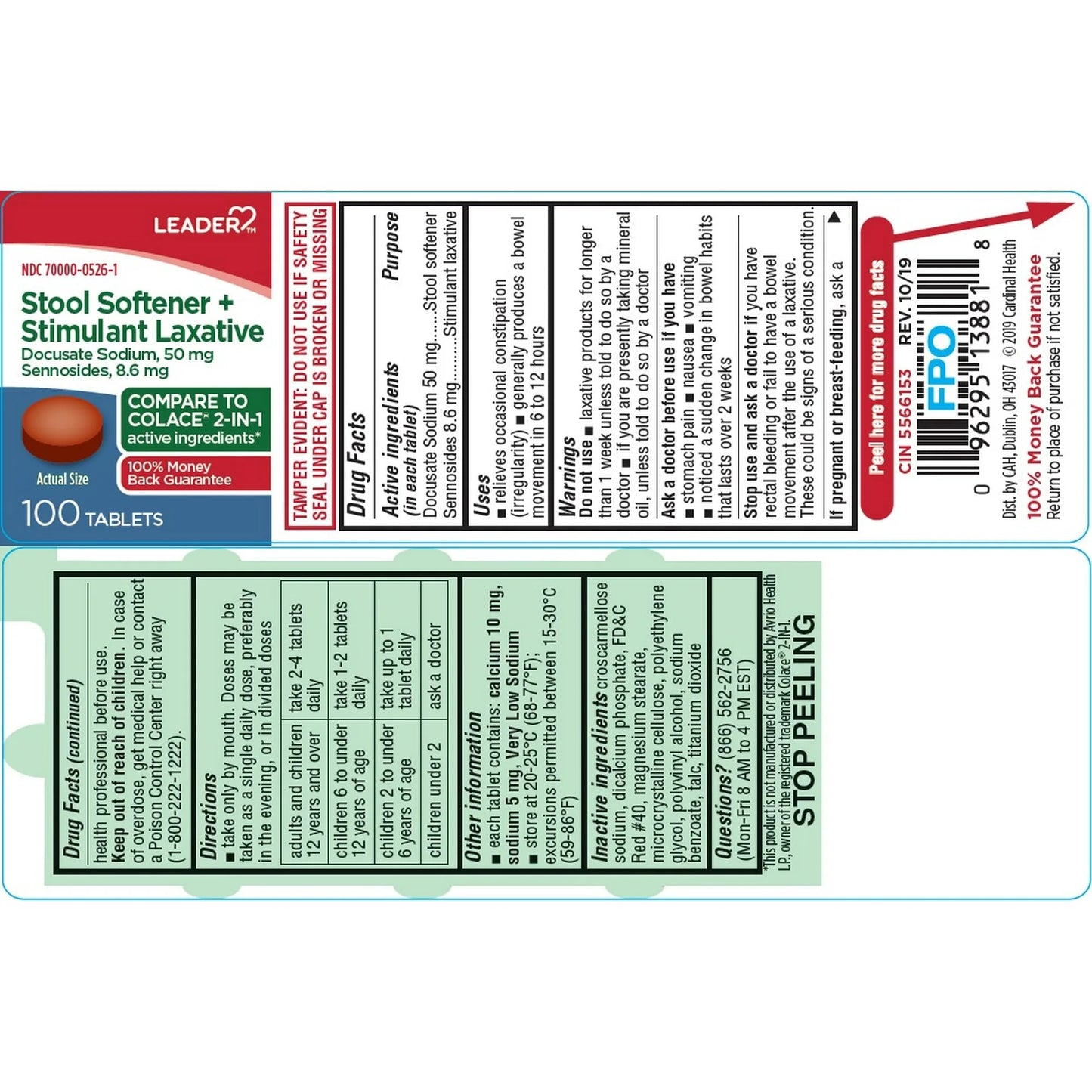 Leader stool softener and stimulant laxative 100 count bottle