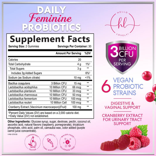 Hello Lovely womens probiotic supplement side label showing six premium strains ingredient facts