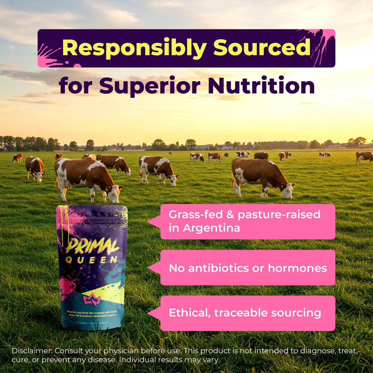 A collection of Primal Queen sixty count dietary pouches highlighting authentic USA imported health products