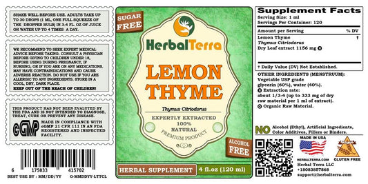 Side view of Herbal Terra alcohol free liquid extract supplement packaging detailing usage instructions and ingredients.