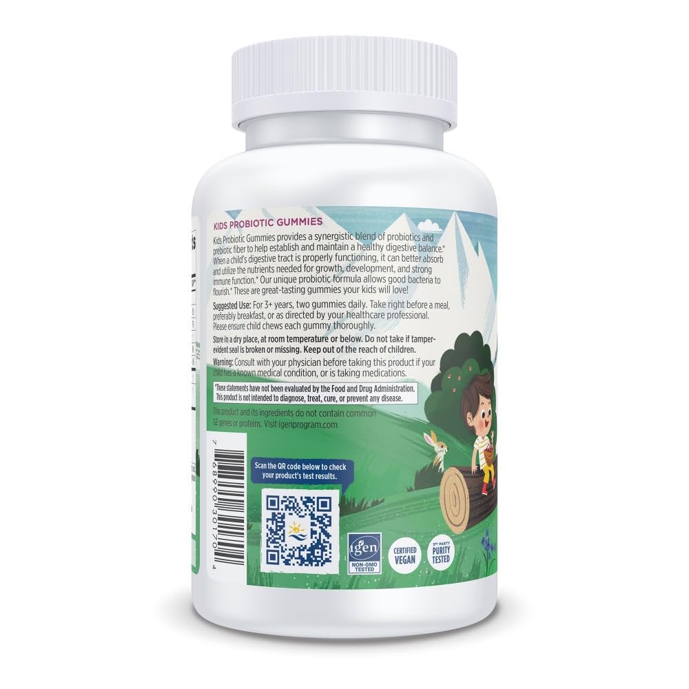 Nordic Naturals Kids Nordic Flora Probiotic Gummies packaging displaying vegan and non-GMO seals