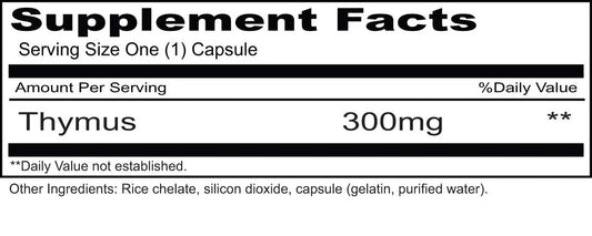 Priority One Thymus 90 capsules packaging detail showing Denmark sourced hormone free certification.