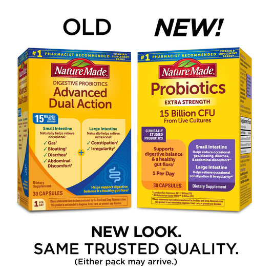 Nature Made 15 Billion CFU probiotic supplement packaging detailing live culture strains and intestinal support benefits.