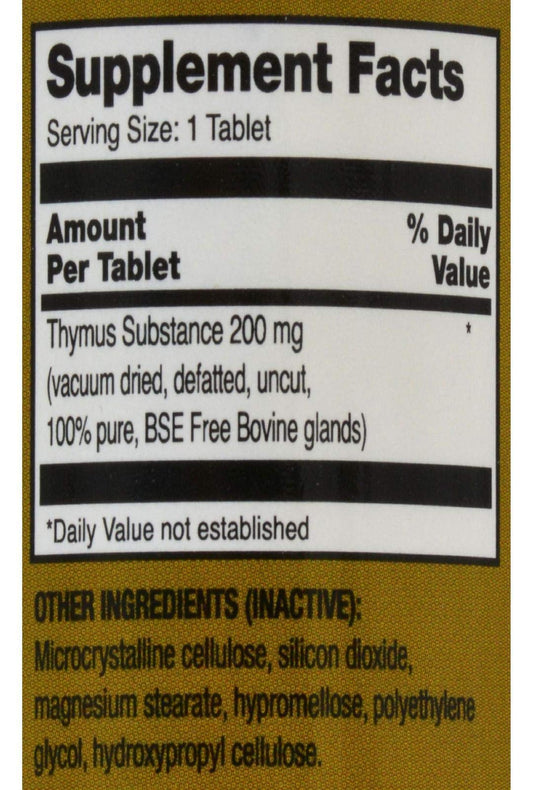 Supplements label close up showing 200 milligrams raw bovine thymus tissue ingredients list