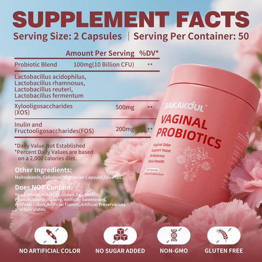 Bakakoul feminine pH balance supplement capsules showcasing prebiotics ingredient details