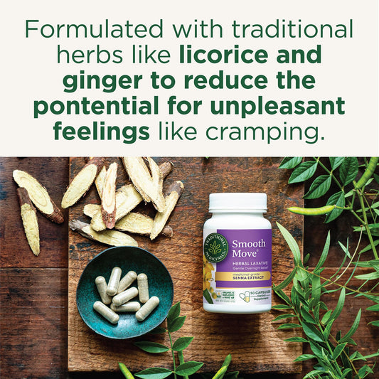 Traditional Medicinals Smooth Move 50 capsules bottle label details.