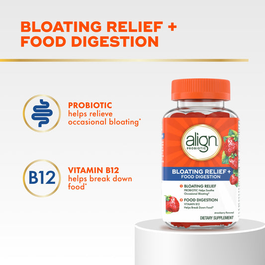 Align gut health supplement bottle highlighting the added Vitamin B12 for metabolism support.