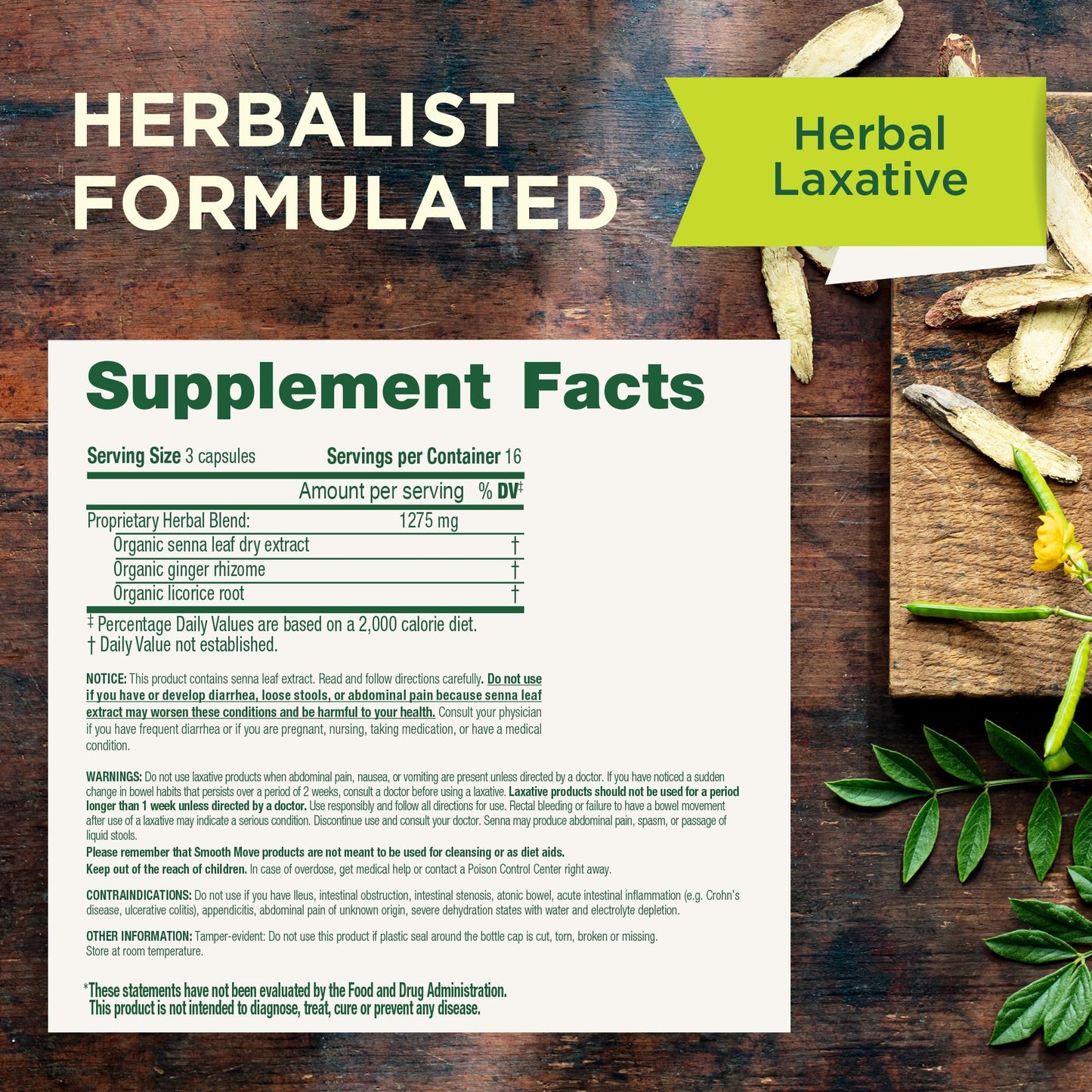 Close up of Traditional Medicinals constipation relief capsules health supplement.