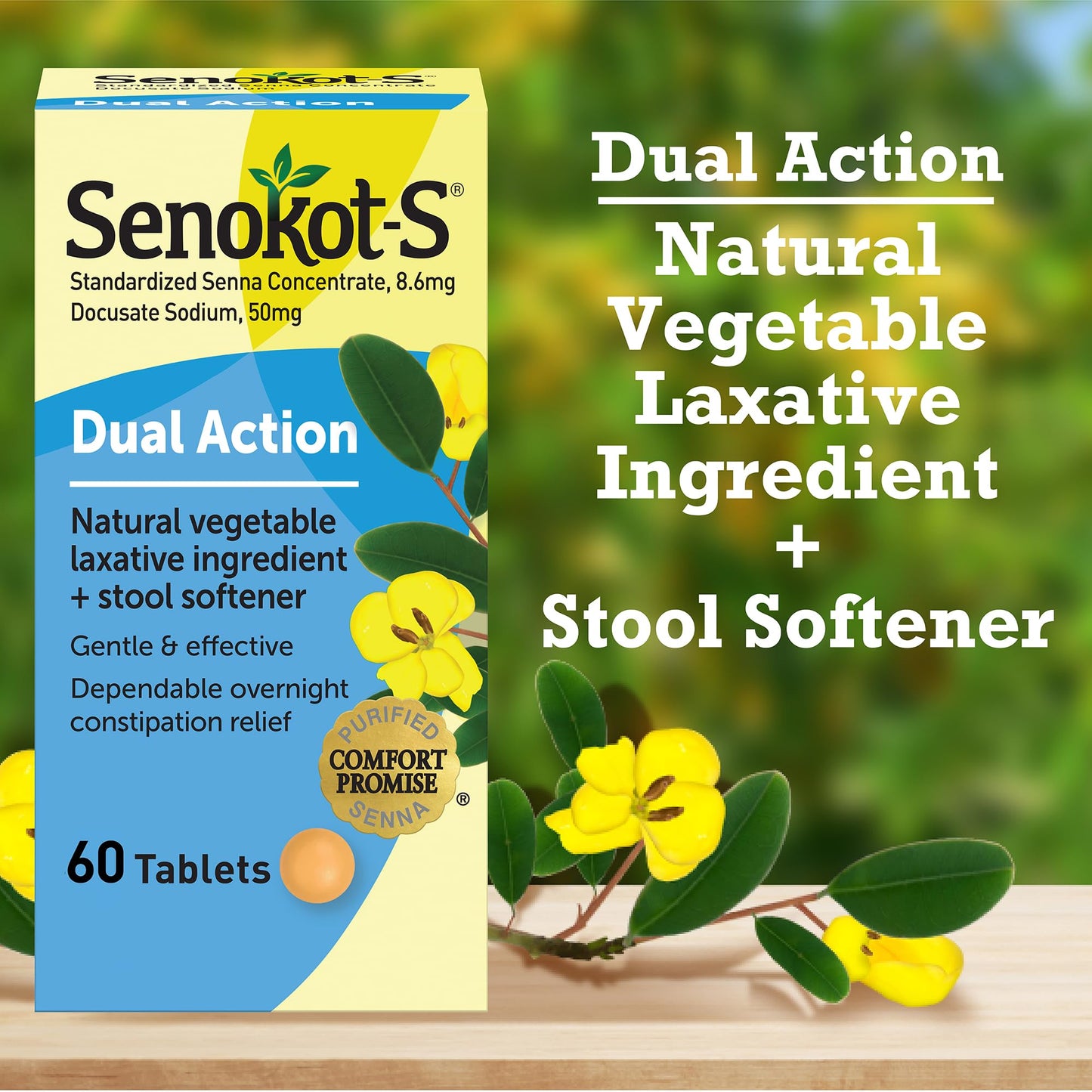 Senokot-S Dual Action 60 tablets bottle on white background