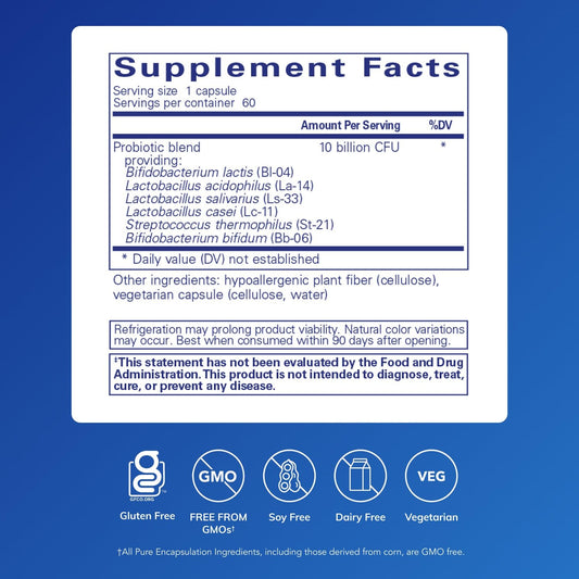 Pure Encapsulations Probiotic GI side label showing ten billion CFU probiotic blend ingredients