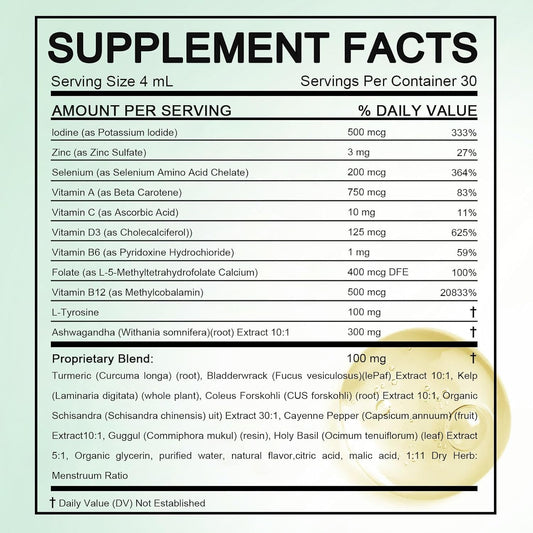 RETPMOSO Actora thyroid supplement drops back label highlighting clean ingredients like selenium and zinc.