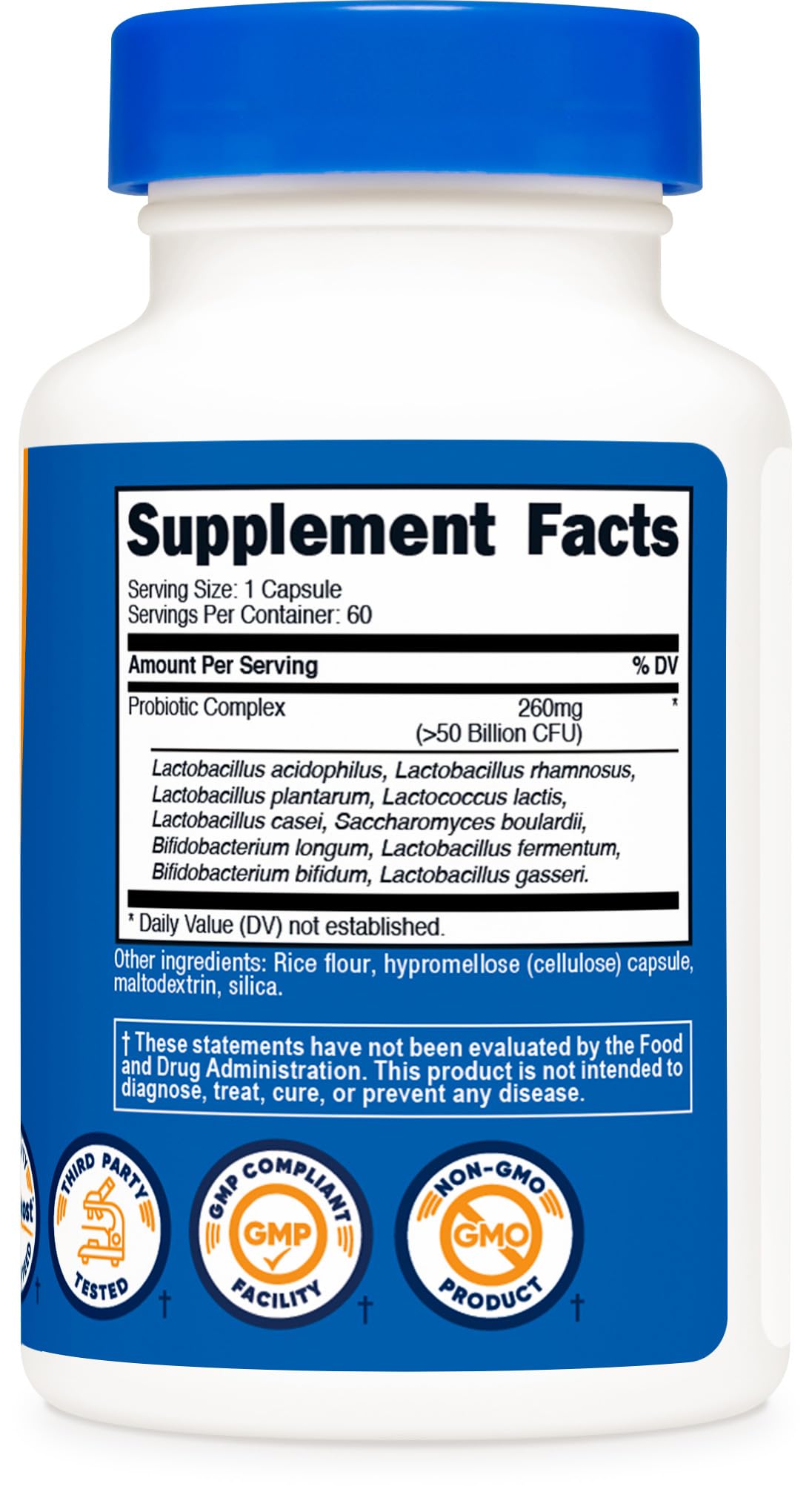 Premium non-GMO and gluten free certified seals on Nutricost Probiotic packaging